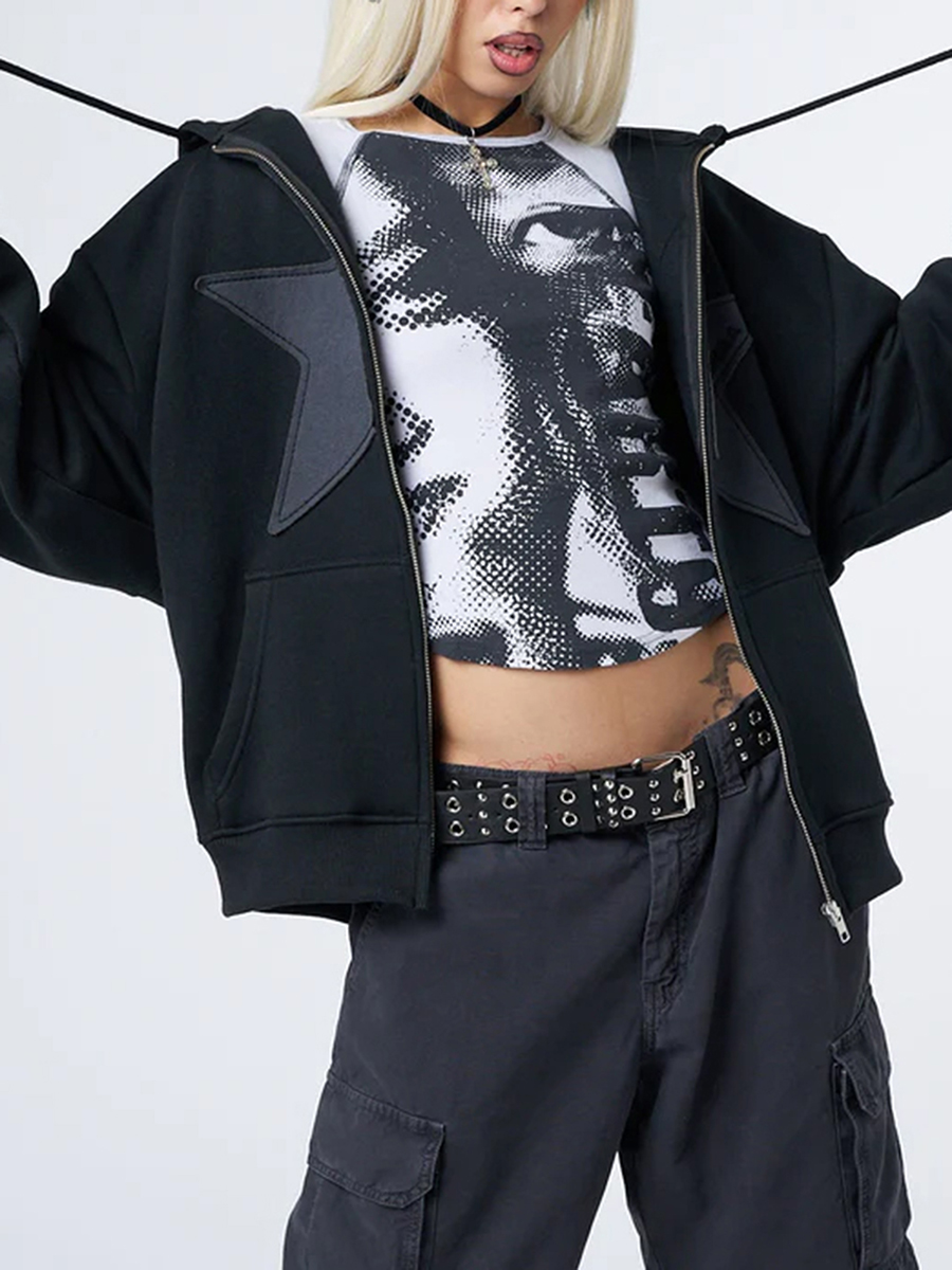 Y2K-Sudadera con capucha con estampado de estrellas Vintage para mujer, sudaderas informales holgadas de manga larga con cremallera y cordón, abrigo de calle para otoño y primavera