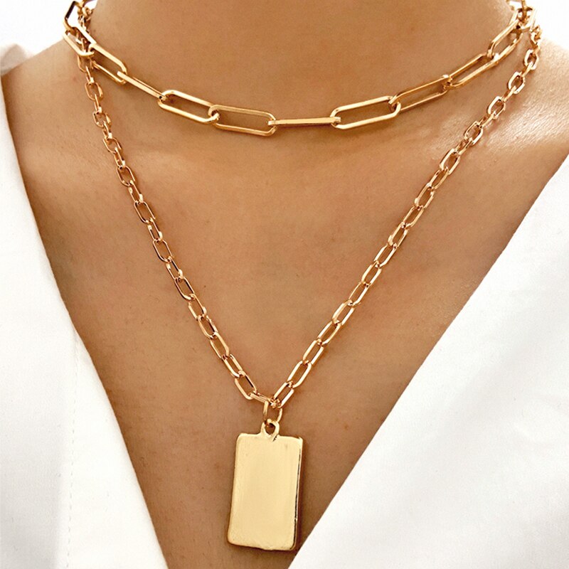 17km geometriske firkantede vedhæng kædehalskæde til kvinder boheme guldmønt flerlags sweater halskæder smykker: Cs52118