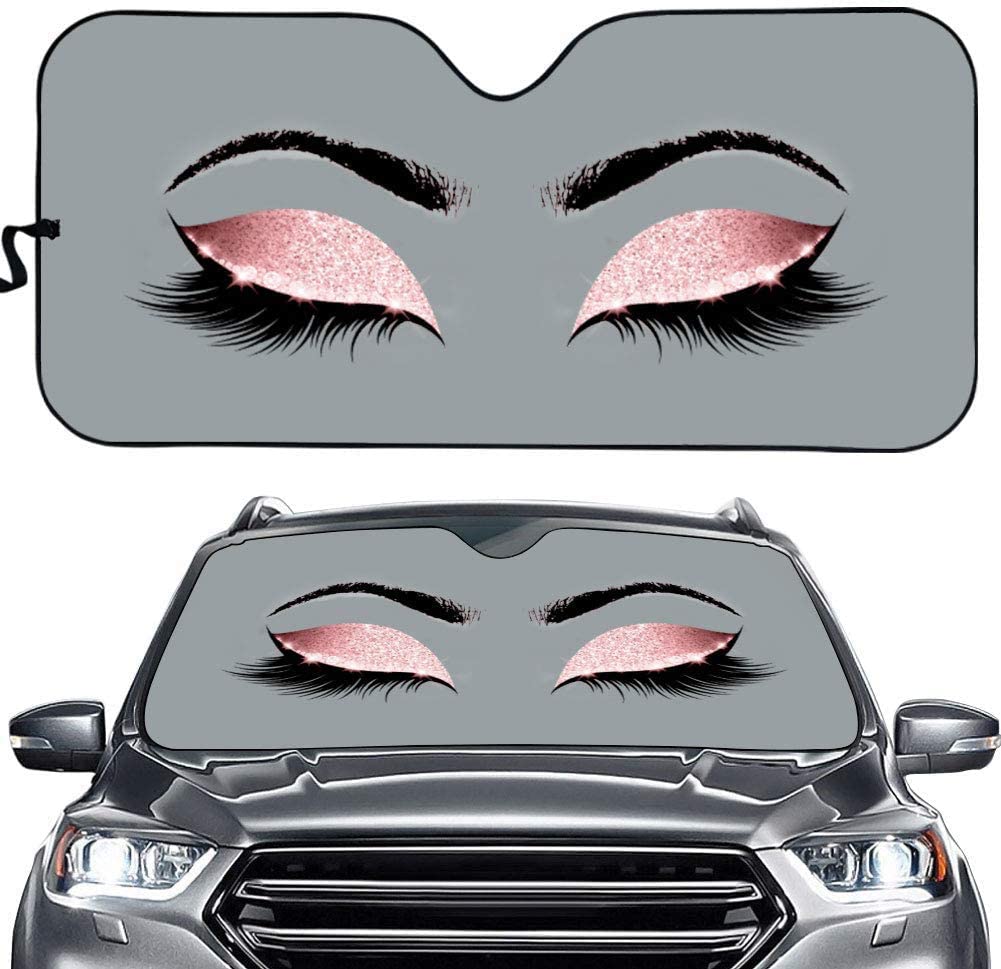 Sombra de ojos con pestañas largas para mujer, maquillaje de parabrisas delantero, brillo rosa, sombras de ojos estampadas, plegable, parasol automático para coche: ZRH062HC