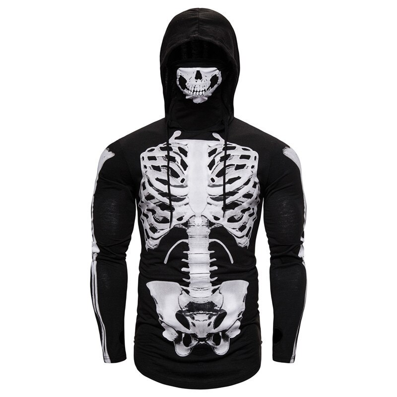 Suéter deportivo elástico para hombre, traje Ninja con capucha, Cosplay de Halloween, manga larga, esqueleto completo, máscara facial de Calavera, sudadera fina con capucha: S / Negro