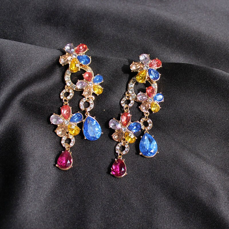Colorful Zircon Crystals Long Women Earrings Dangle Earrings Jewelry for Bridal Wedding Luxury CZ Flowers Earrings Jewelry