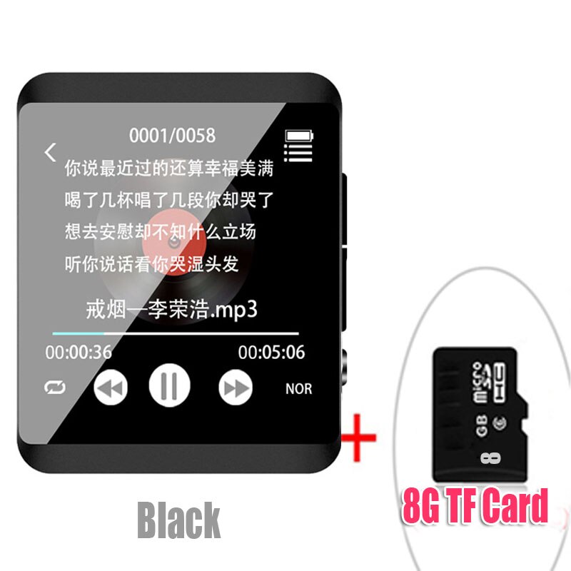 Lettore MP3 Bluetooth originale RUIZU M5 Sport 16GB 8GB Clip Mini Full touch screen supporto FM, registrazione, E-Book, orologio, contapassi: BlackWith8GBTFcard / 8GB