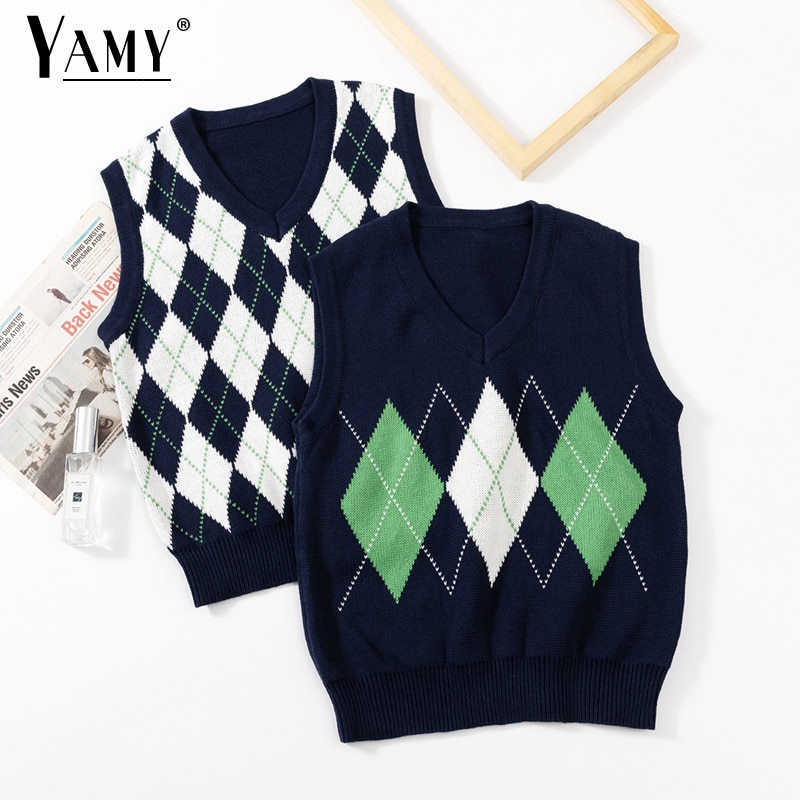 Efterårsstrikket tanktop kvinder vintage argyle sweater vest kvinder strik vest top cropped sweater veste plaid koreansk vest v-hals