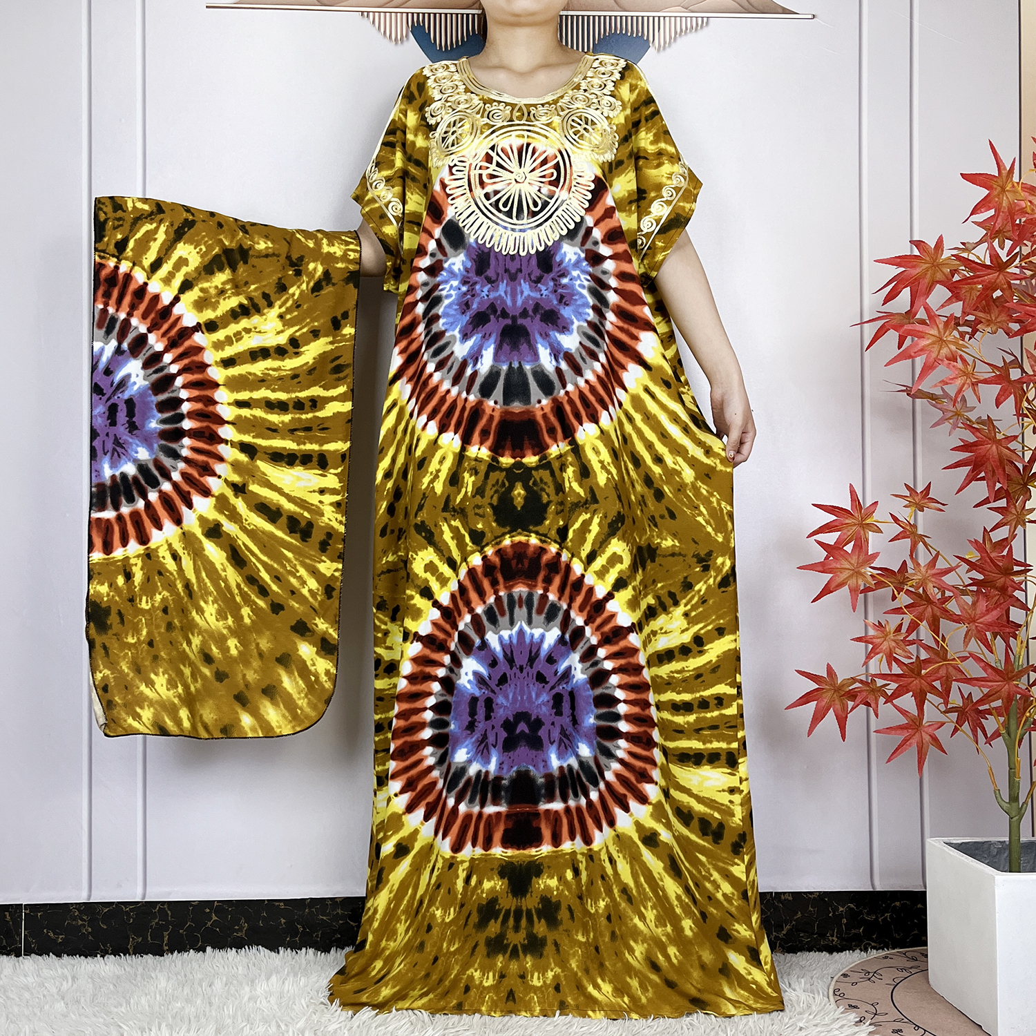 Vestidos maxi de algodão solto com lenço de cabeça para mulheres muçulmanas, vestidos casuais muçulmanos, manga curta, estampa floral, kaftan africano, islamismo, novo, verão: Marrom