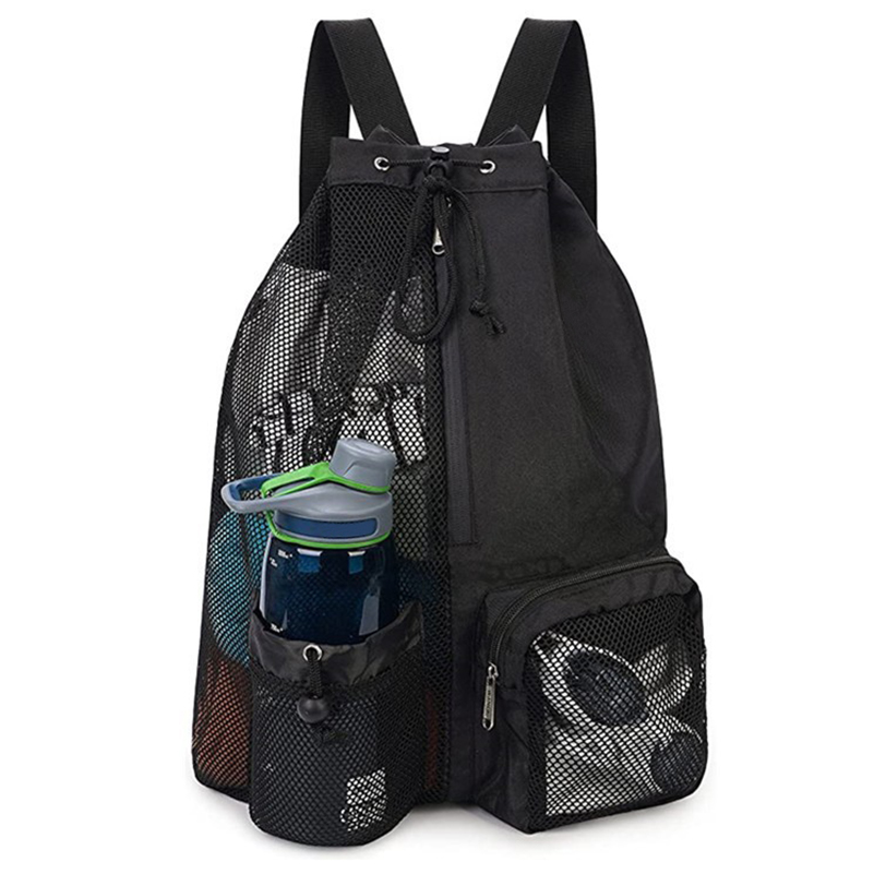 Badetasche, Netz-Rucksack mit Kordelzug und Nassfach, Mehrzweck-Strandrucksack für Schwimmen, Fitnessstudio und Trainingsgeräte: Schwarz