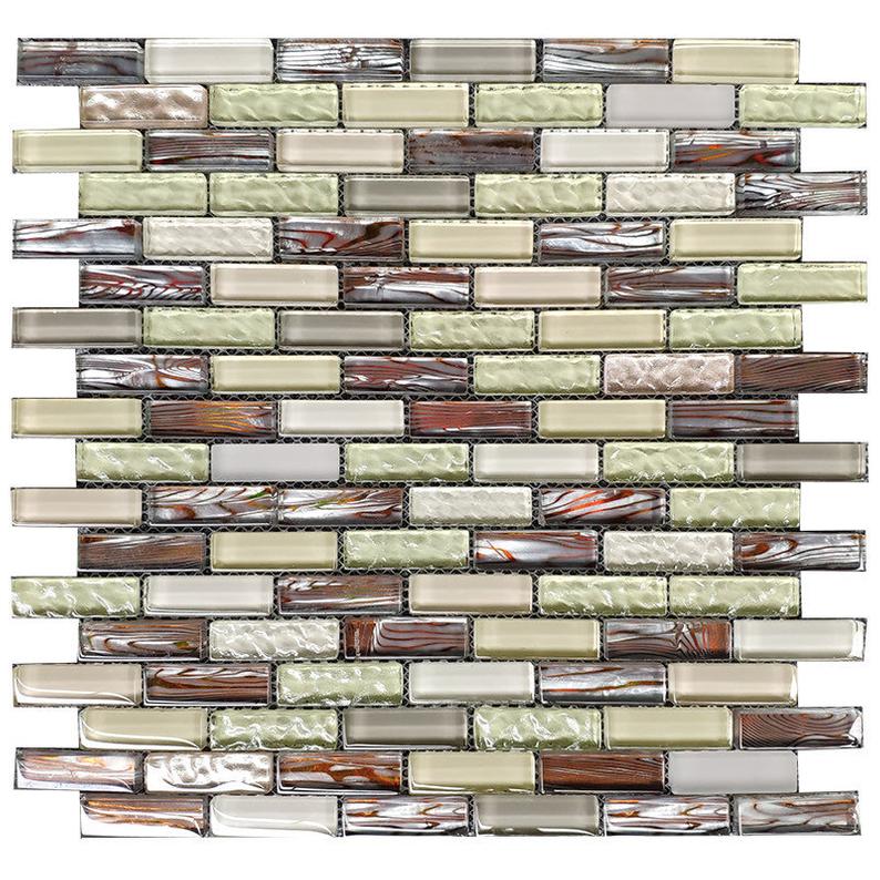 Brick Glass Wall Tile backsplash JMFGT064 Light Green Beige Gray Glass Mosaic Bathroom Wall Tiles
