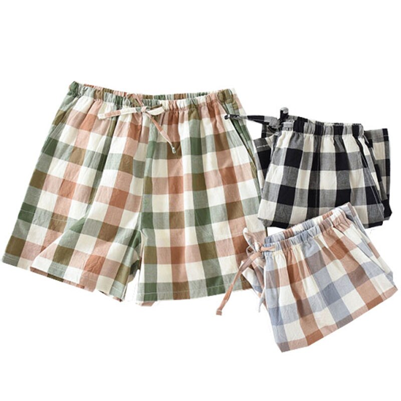 Summer Ladies Loose Thin Household Bottoms Women Cotton Sleeo Shorts Elastic Waist Soft Plaid Casual Pants With Pocket