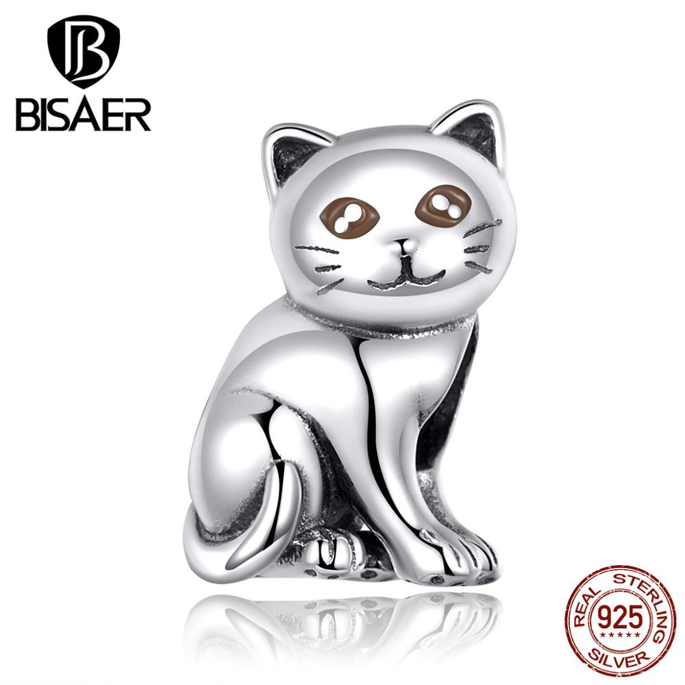 Breloques animaux BISAER 925 argent Sterling chat chatte chaton perles breloques ajustement bracelets porte-bonheur argent 925 bijoux ECC1305