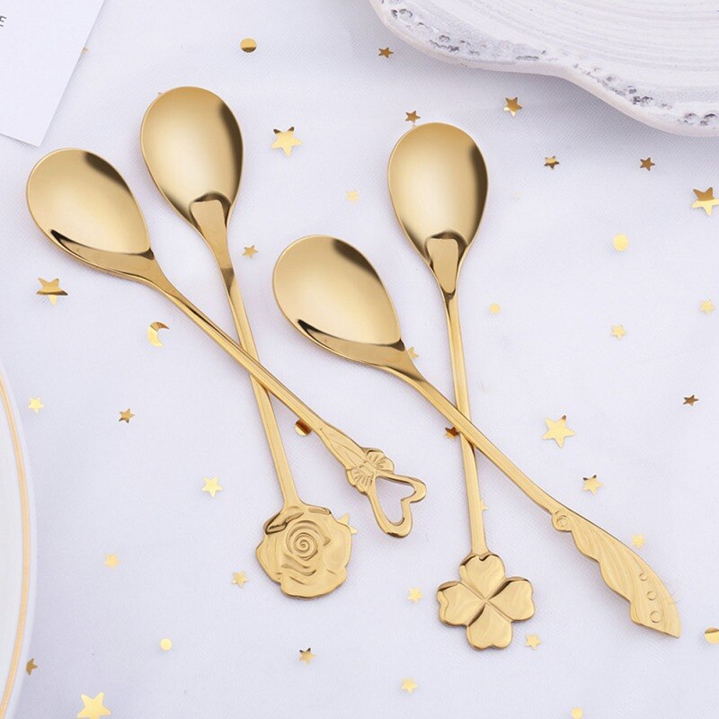 Long Handle Tea Coffee Mixing Spoon Dessert Vintage Teaspoons Drink Tableware Unique Shape Stainless Steel Kitchen Tools