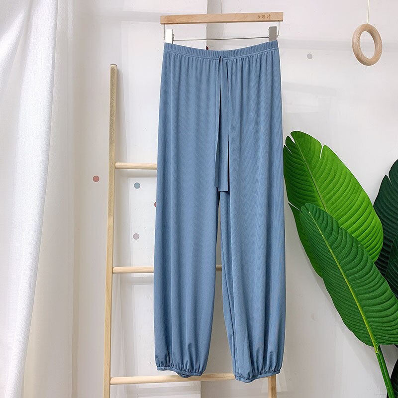 Sanderala-pantalones de dormir de seda de hielo para mujer, ropa interior informal, suelta, con cintura elástica, de punto, con cordón: Blue