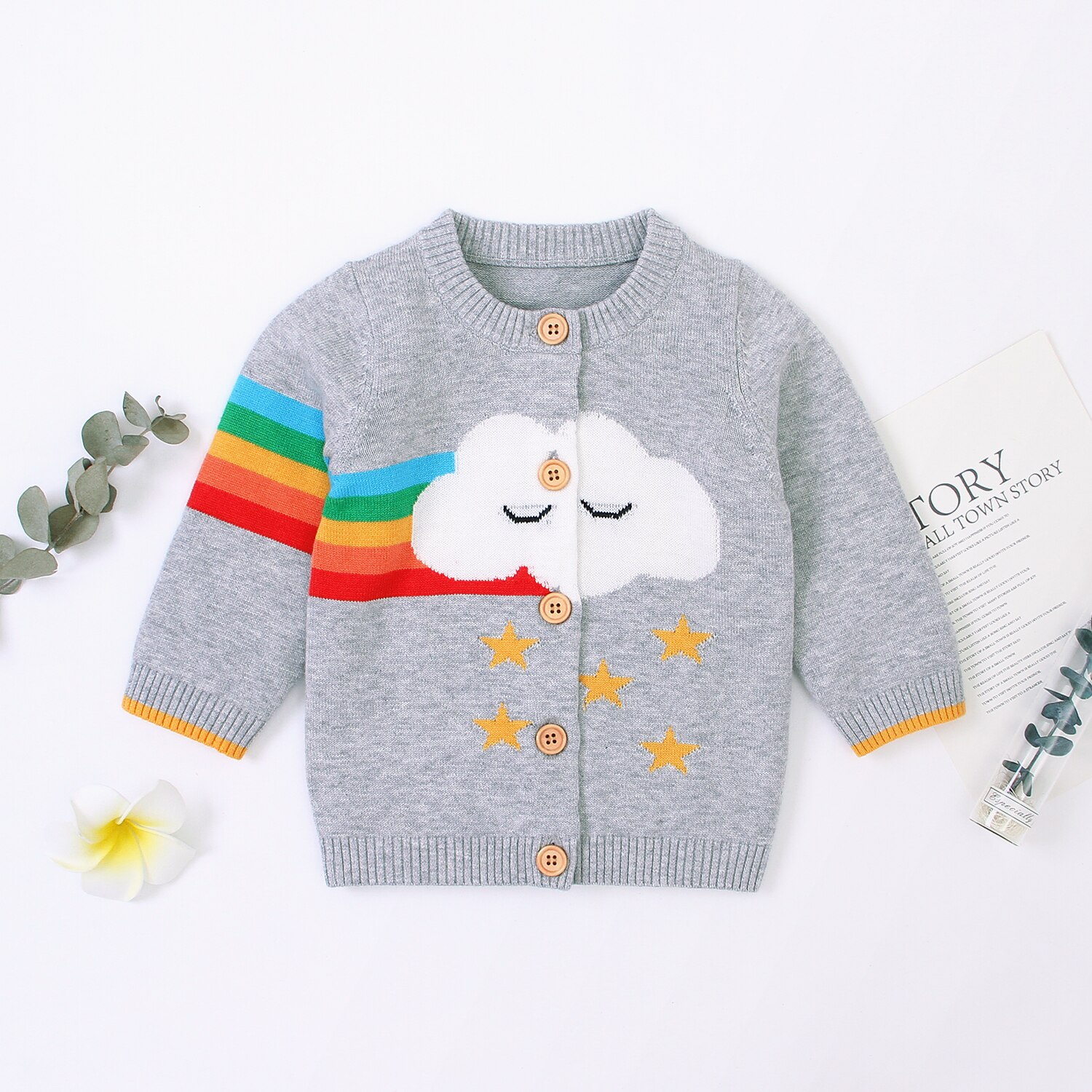 Autumn Winter Toddler Baby Girls Boys Sweater Cardigan Cotton Long-Sleeves Coats with Rainbow Cloud Star Patterns for Baby