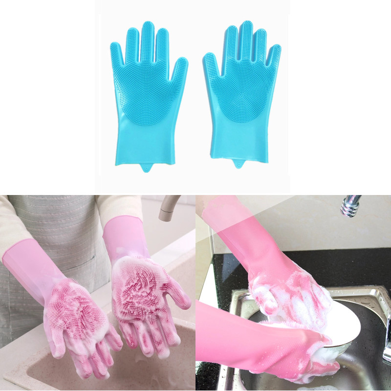 Guantes de limpieza para lavavajillas, guante de esponja de goma de silicona para el hogar, accesorios de cocina, frutas y verduras, Herramientas de limpieza: blue 1 pair