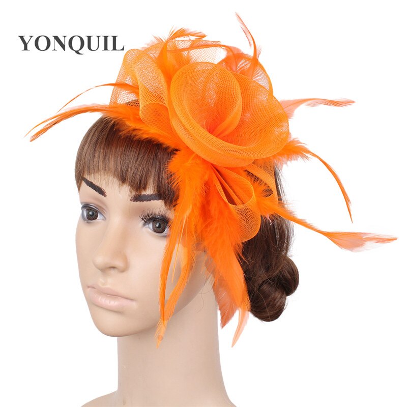 Wonderful color crinoline fascinator headwear feather colorful mesh party show hair accessories millinery cocktail hats MYQ053: Orange