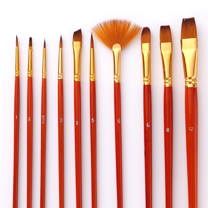 Juego de pinceles de nailon para pintura, suministros de arte , varilla corta, aceite, acrílico, pluma de acuarela, 10 unids/lote