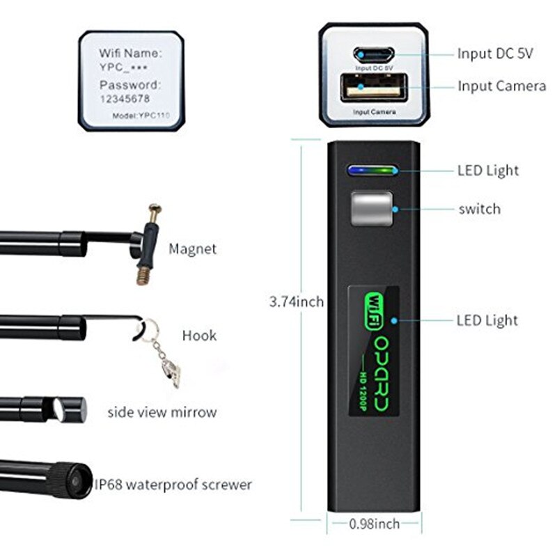 Caméra d'inspection étanche IP68, Endoscope USB Wifi 1200P avec câble Flexible Semi-rigide pour Smartphone, sans fil