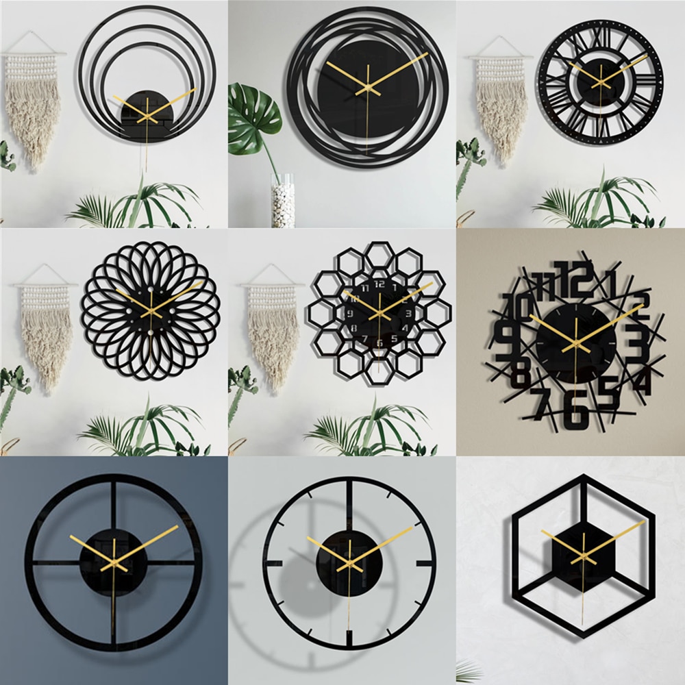 Large Roman Numbers DIY Silent Acrylic Decorative Wall Clock Modern Living Room Watch Black Hollow Pattern Horloge