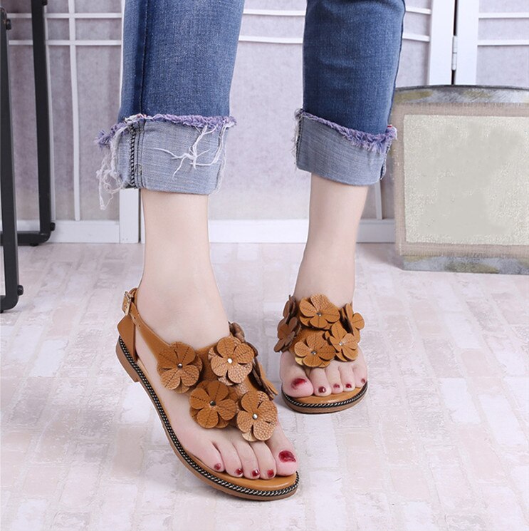 YMECHIC Beach Flat Heel Flower Gladiator Sandals Women Cute Sweet Girls Flats Shoes Apricot White Yellow Sandal 39