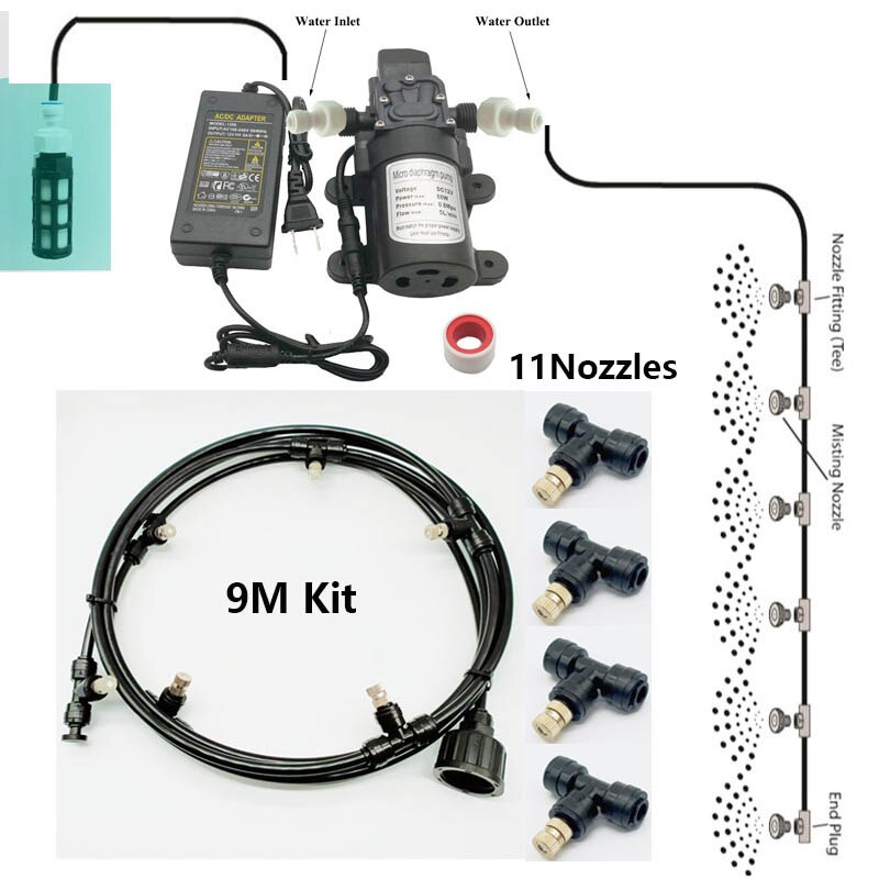 Havevandtåge spraydyse elektrisk pumpe sprøjtesystem forstøver til blomster plante drivhus havevanding 6m-18m: 9m sorte sæt