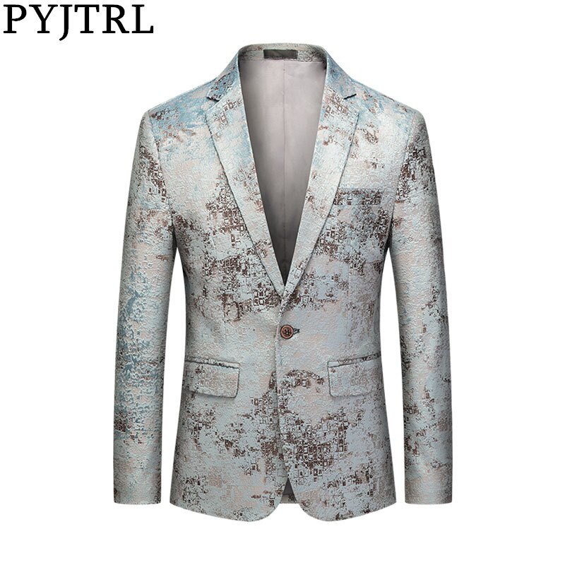 PYJTRL Men's Vintage Floral Print Jacquard Blazer Men Business Leisure Single Button Suit Jacket Autumn Singers Coat