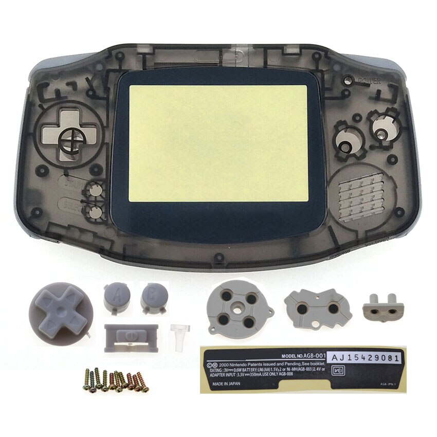 JCD-carcasa de plástico para consola GBA, Kit de botones, etiqueta para lente de pantalla, para Gameboy Advance, 1 ud.: Clear Black