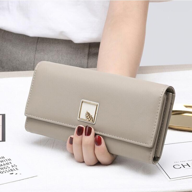 Mærke kvinder tegnebøger pu læder taske lang telefon tegnebog blade pose håndtaske til kvinder mønt pung kortholder kobling: Grå