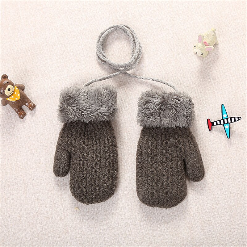 Baby Winter Knitted Warm Gloves With Rope Children Kids Infants Patchwork Outdoor Mittens Wool Plush Thick Gloves