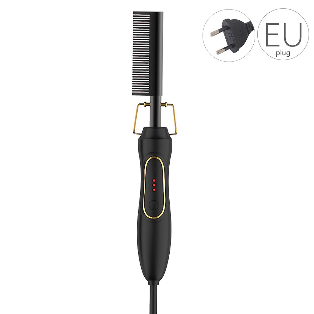 Multifunction Hair Straightener Flat Irons Wet Dry Use Brush Comb Heating Hair Straight Styler Curling Iron Hair Curler Comb: EU Plug Black