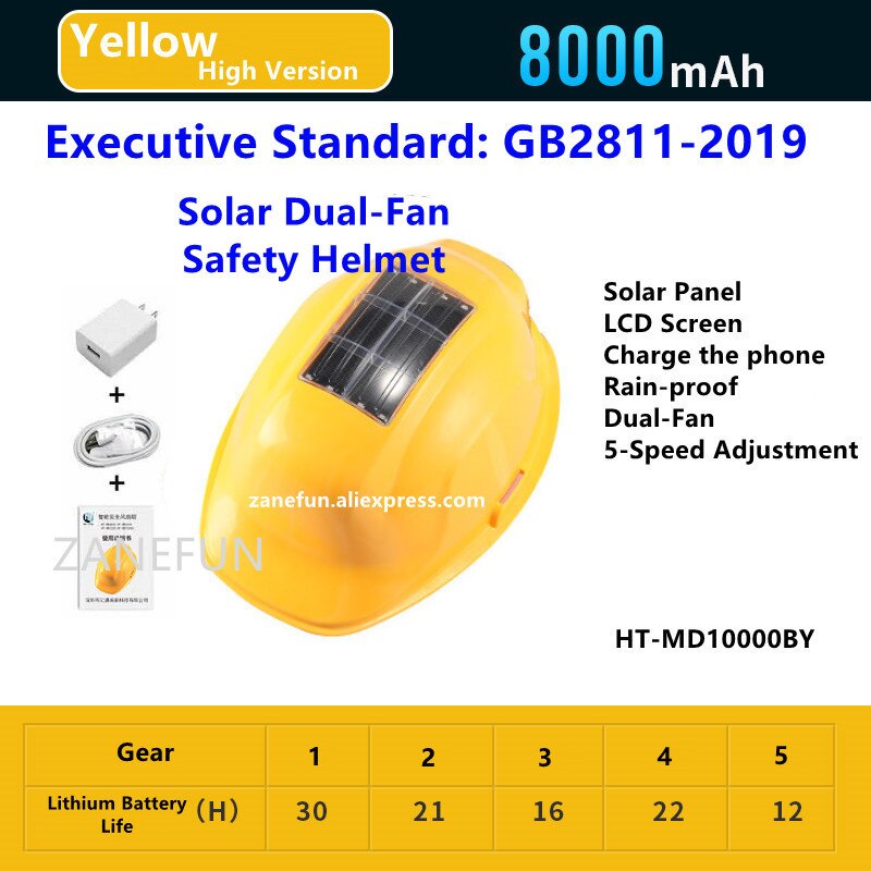 Solar Fan Safety Helmet With LCD Display Light Power Bank Safety Hard Hat Protective Cap Construction Workplace Outdoor Working: High Yellow