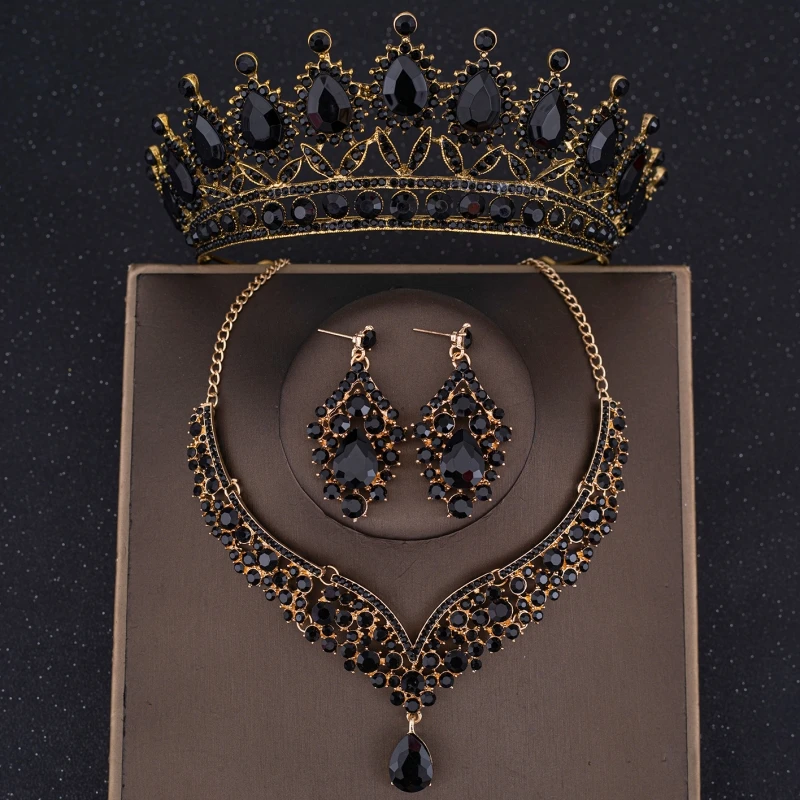 Ensemble de bijoux en biscuits pour patients, couronne en cristal, collier, boucles d'oreilles baroques, accessoires pour cheveux de mariage, de bijoux, 3 pièces: Bleu