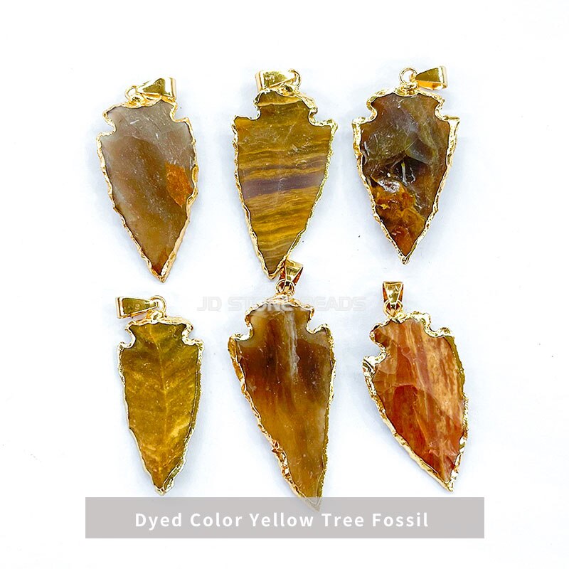 Natural Amethysts Opal Chalcedony Pendants Plating Golden Edge Arrow Shape Pendants for Jewelry Necklace Bracelets Accessories: Wood Fossil Stone