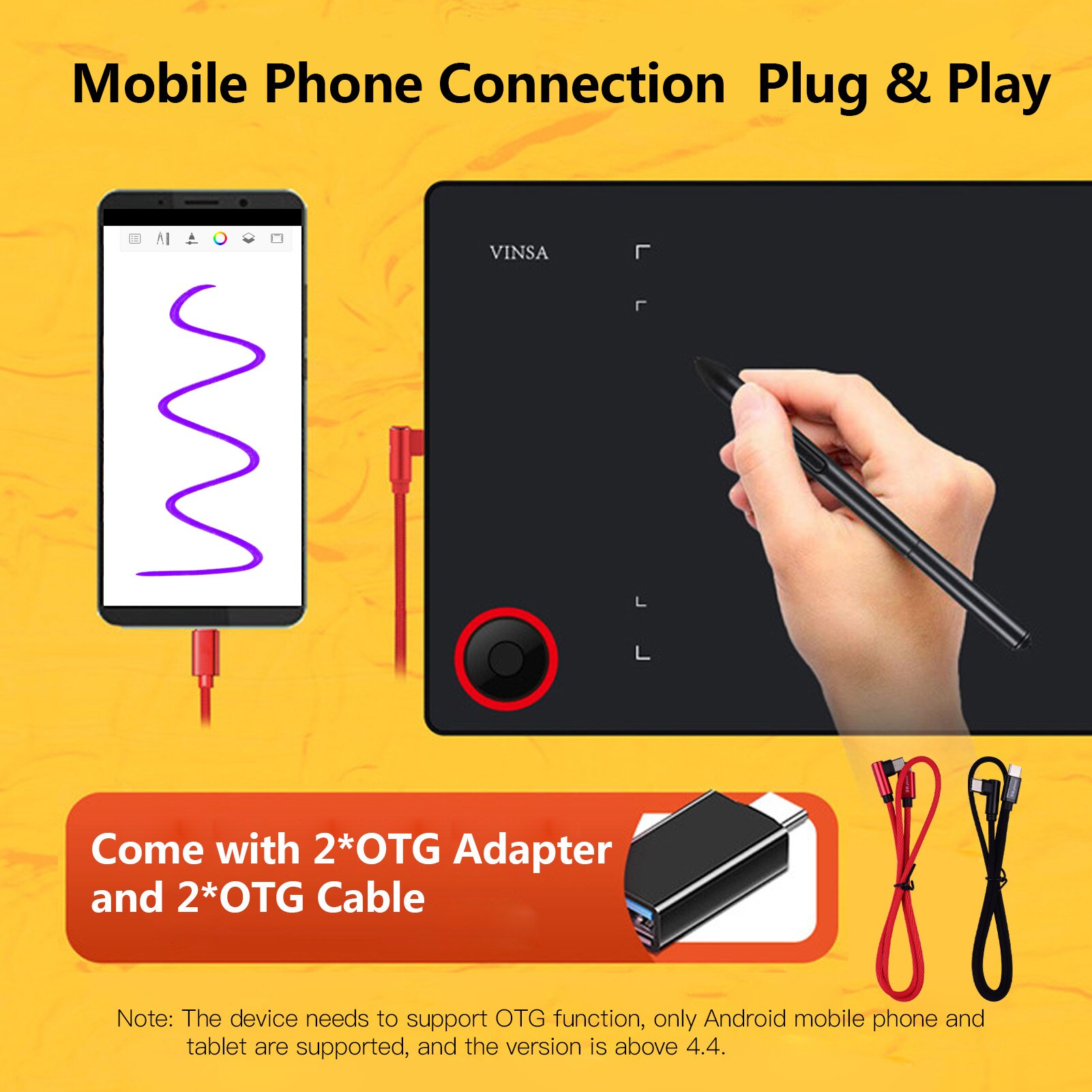 Graphics Drawing Tablet Writing Board 8192 Levels Battery-Free Stylus With Controller Knob OTG Adapter OTG Cable
