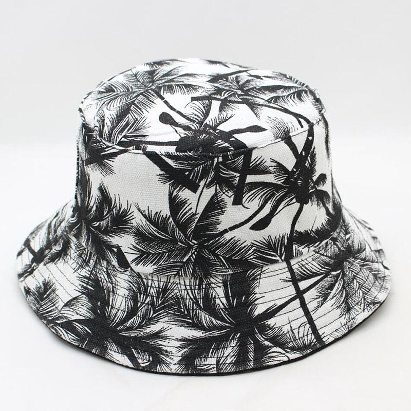 Unisex Summer Reversible Black White Coconut Tree Printed Fisherman Caps Bucket Hats Gorro Pescador Men Women