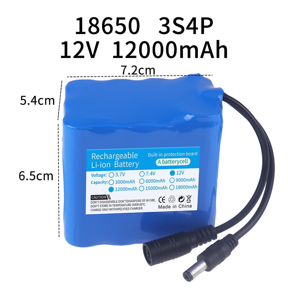 100% paquete de batería portátil de 12V 3000/6000/9000/12000/18000/21000mAh 12v 18650 iones de litio DC 12,6 V batería súper recargable: Champán