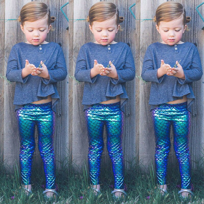 Kid Meisje Skinny Mermaid Shiny Vis Schaal Leggings Elastische Broek Potlood Broek