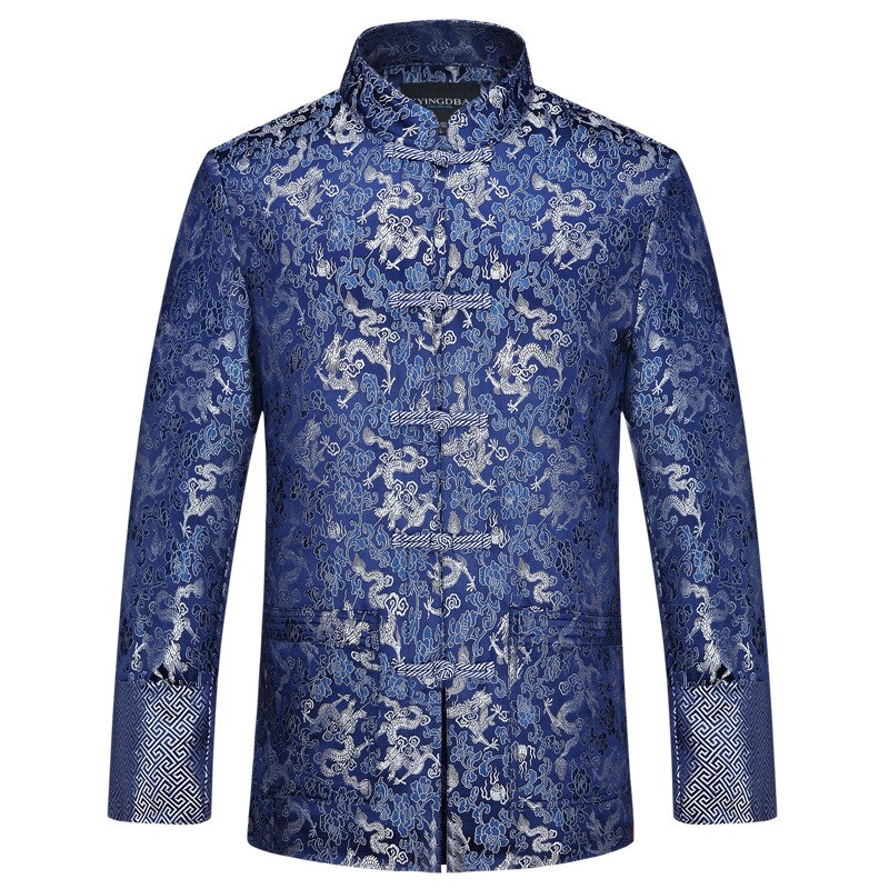 Traditionella kinesiska kläder tang kostym bröllopsjacka röd sidenjacka herr höstdrake cheongsam toppar plus storlek 4xl: J -1065 blå / Xxl