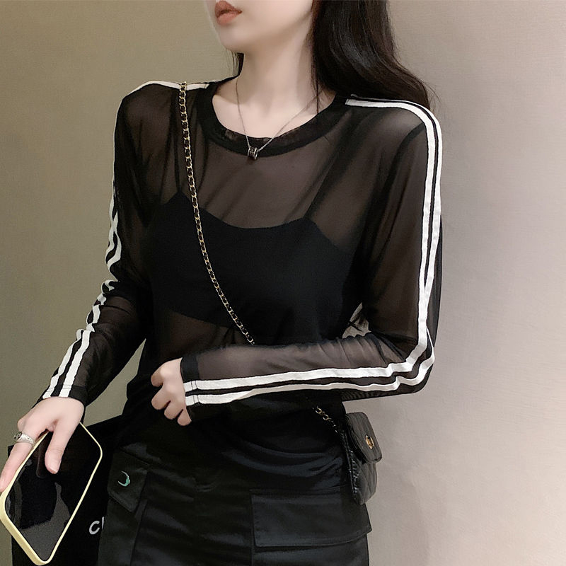 Y2k schiere sonnen feste Hemden Frauen gestreifte Langarm-T-Hemden Streetwear durchsichtige Netz blusen koreanische Sonnenschutz oberteile