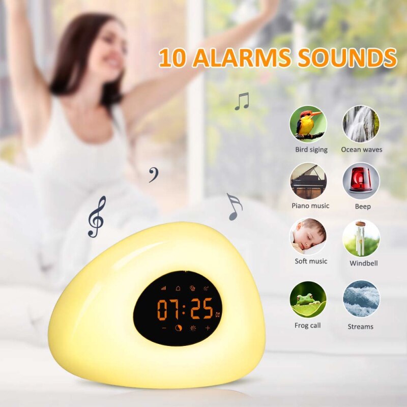Sunrise Digital Alarm Clocks Smart Wake-Up Light Touch Sensor Bedside Lamp Alarm Clock RGB 7Colors Light Clocks Snooze Feature