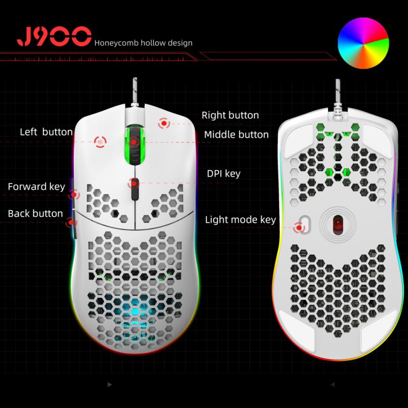 HXSJ J900 USB Wired Gaming Mouse RGB Gamer Mouses with Six Adjustable DPI Honeycomb Hollow Ergonomic for Desktop Laptop