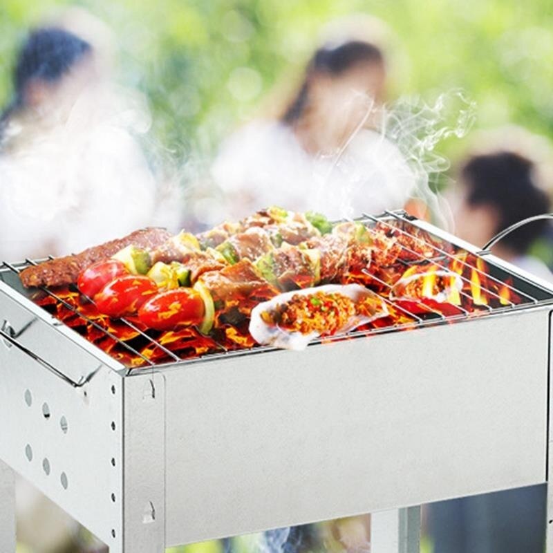 Portable Barbecue Grilling Stainless Steel Charcoal Rectangle Folding BBQ Barbecue Family Outdoor Camping Cooking Picnic Tool