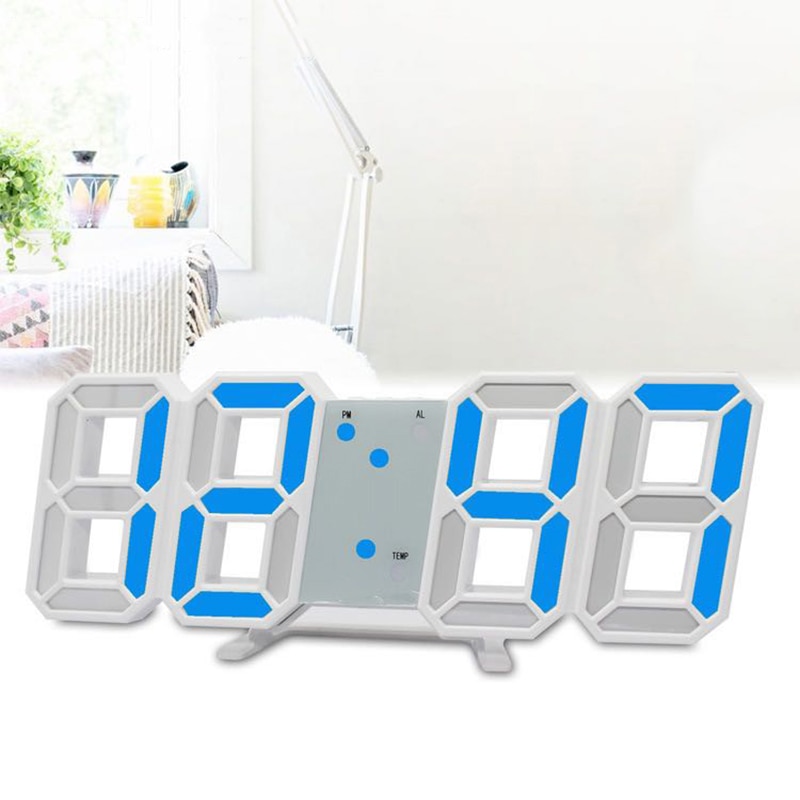 Grote digitale led-wandklok met snooze-tijd, modern 3d 12 24 uur display: Blauw