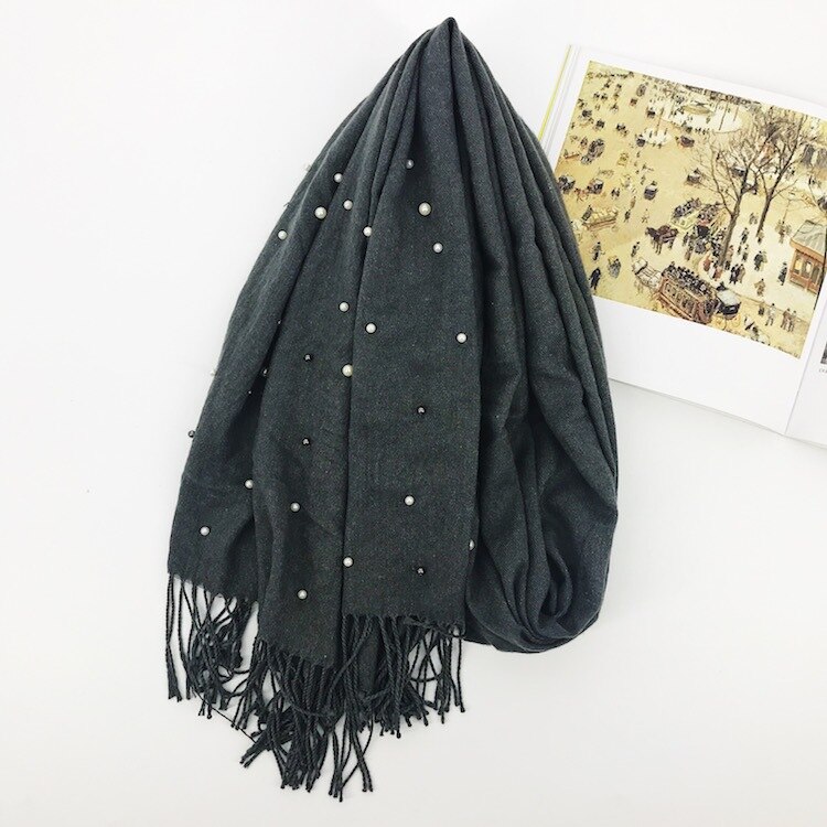 Écharpe de de luxe épais hiver femmes écharpe chaude cachemire étoile perle solide gland châle couverture pour emmailloter Hijab dame écharpe Pashmina: Gris
