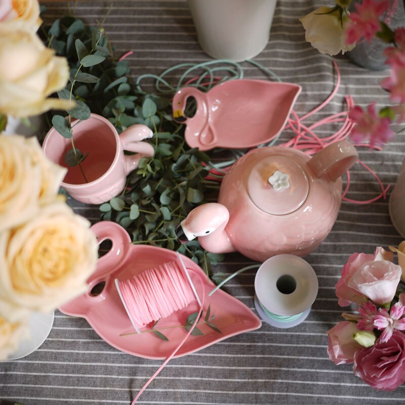 Pink Ceramic Bird Flamingo Shape Lovely Teapot/Plate