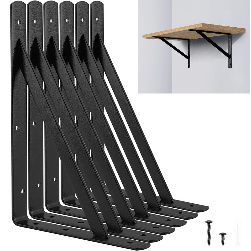 Soporte de trípode para estante flotante, acero negro resistente para montaje en pared decorativo, ángulo de junta con tornillos, 6 uds.