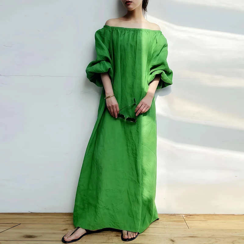 Woman Spring Back Button Slit loose Long Dress Off Shoulder Solid Colid Simple Casual Pure Cotton Linen Dresses Vintage