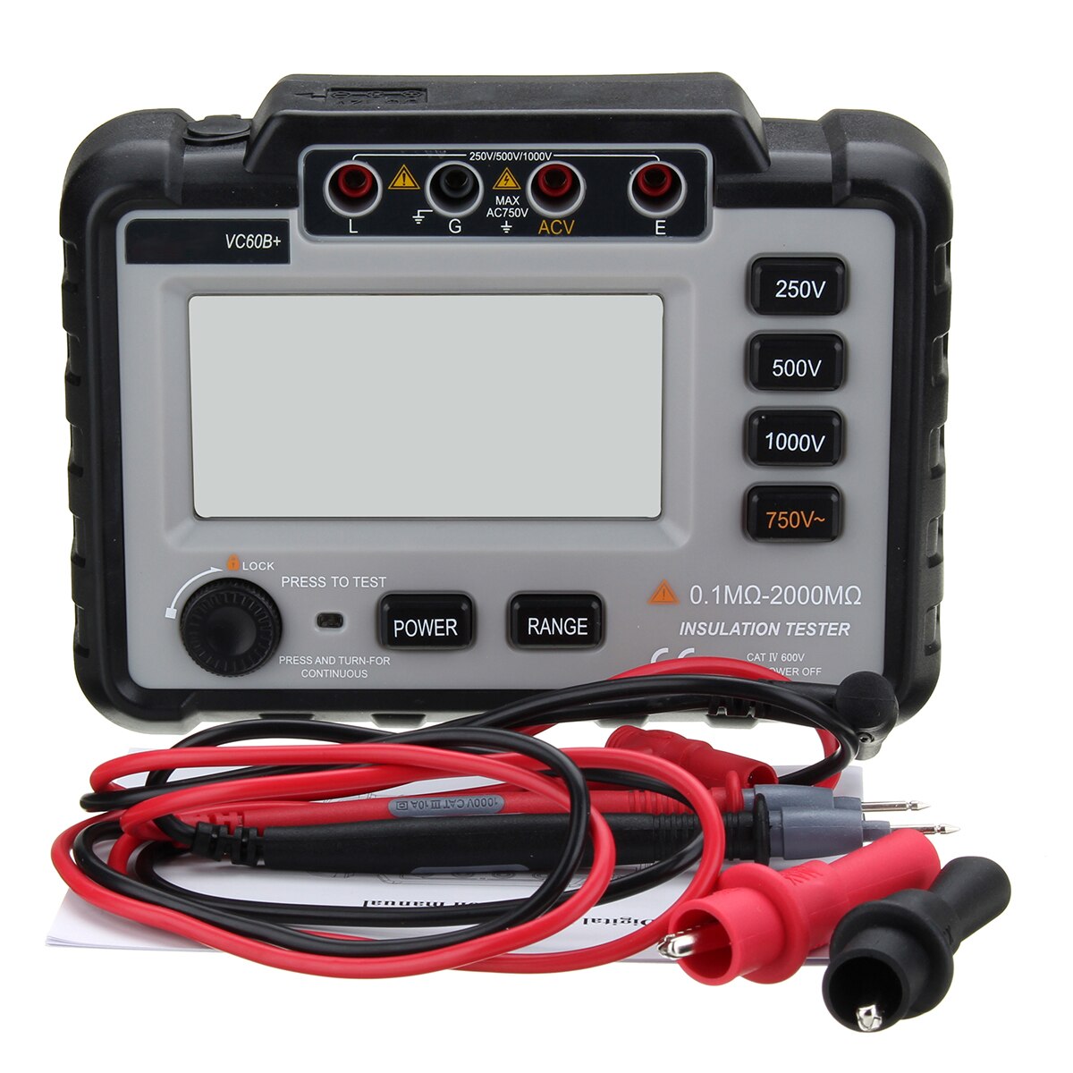 Jiguoor Digital Insulation Resistance Tester Megger MegOhm Meter 250/500/1000V DC Lightweight Wide Range LCD Backlight VC60B+