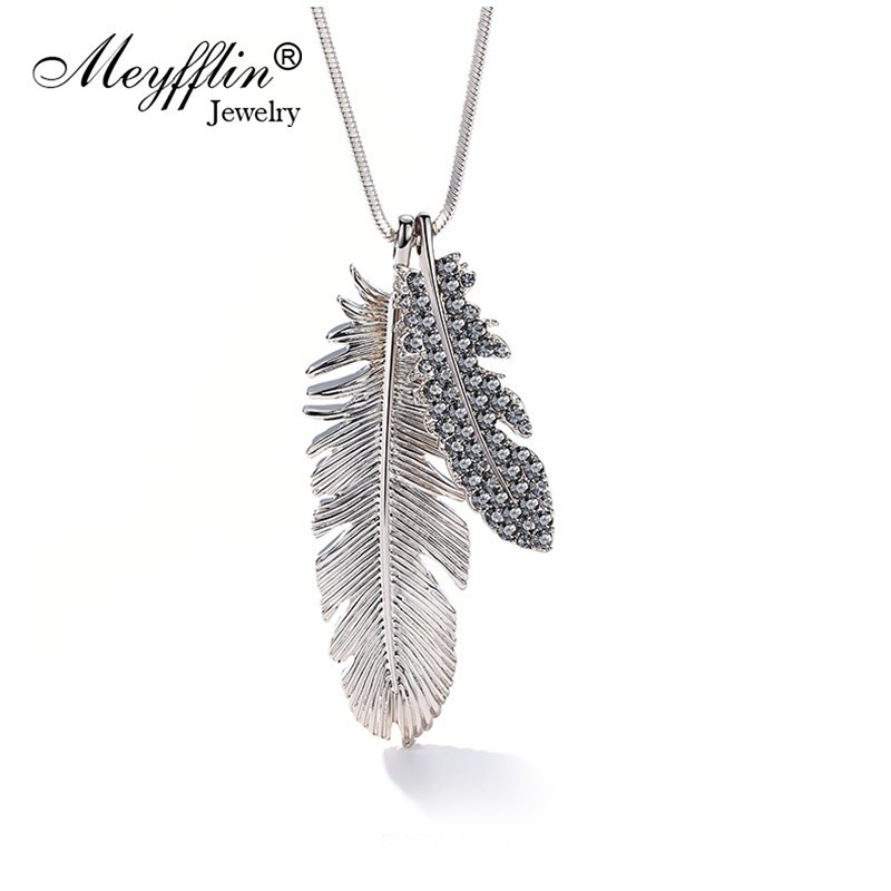 Meyfflin Vintage Long Necklaces for Women Crystal Feather Choker Necklaces Pendanst Silver Sweater Chain Jewelry Collier