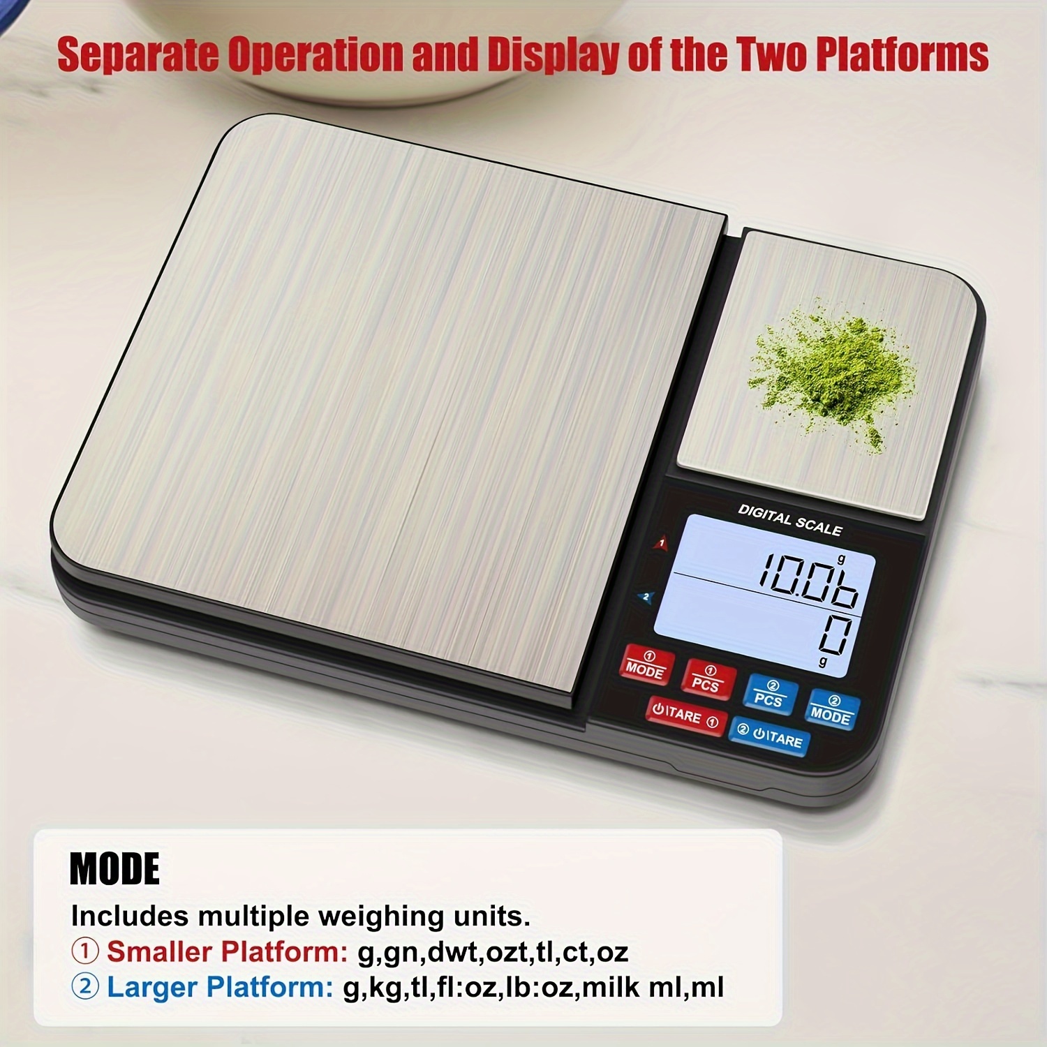 1-delige grote digitale keukenweegschaal met dubbel platform, twee accuracies 0,01 g/0,001 oz en 0,1 g/0,01 oz, maximale capaciteit 5 kg/11 lb