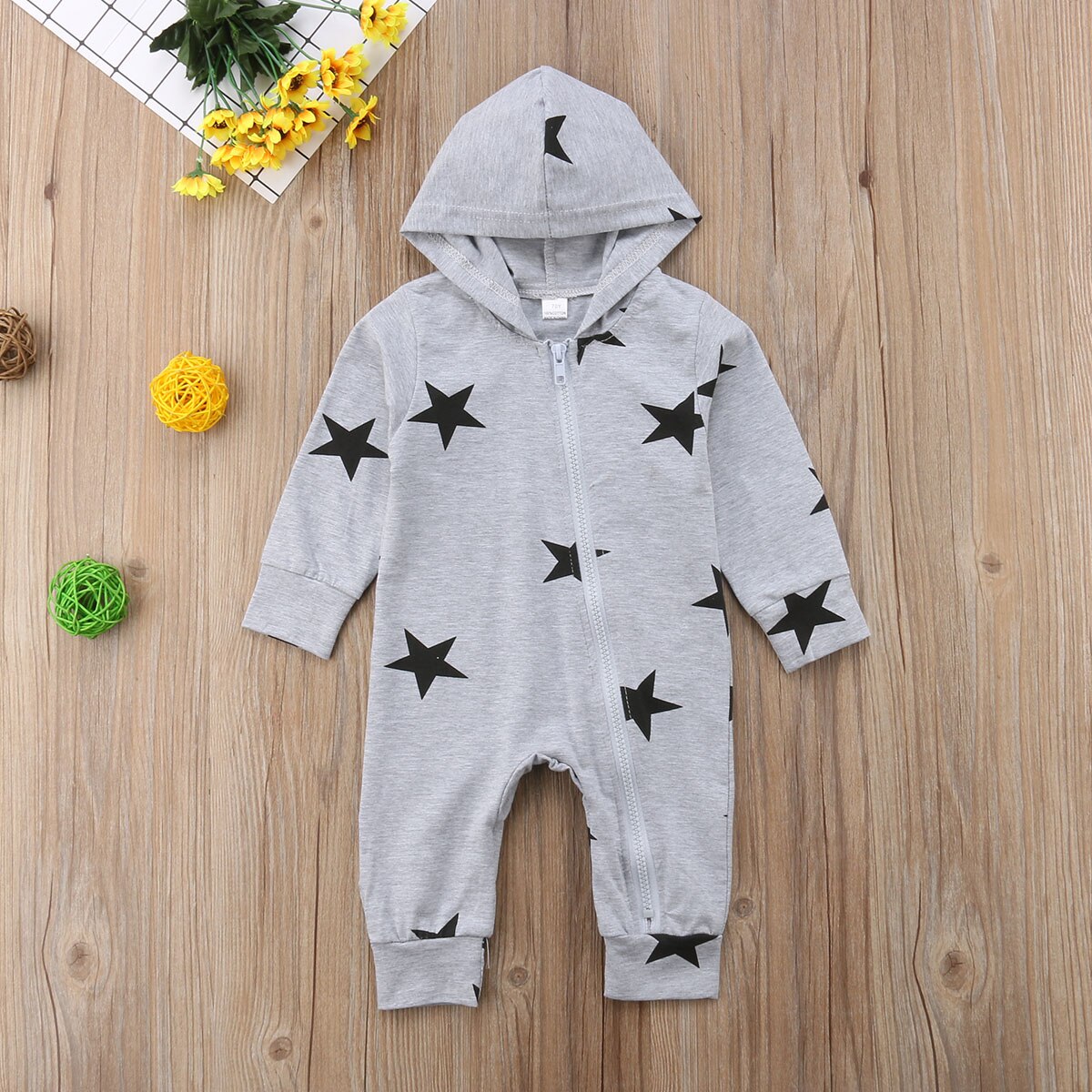 Brand Autumn Winter Toddler Baby Girl Boy Warm Romper Longsleeve Hooded Zipper Star Grey Jumpsuit Playsuit Outfit 0-24M