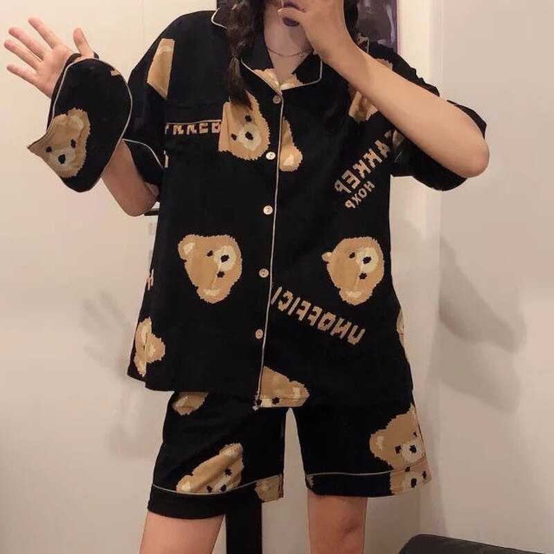 Qweek kvinder pyjamas sæt japansk kawaii pijamas bjørn print pyjamas teen piger hjem tøj turndown krave sommer nattøj