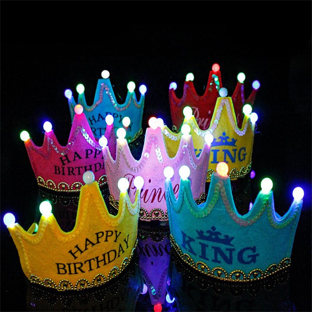 LED Light Happy Birthday Crown Hat for Kids Child Princess King Party Decor Supplies DIY Glowing Birthday Cap Headband